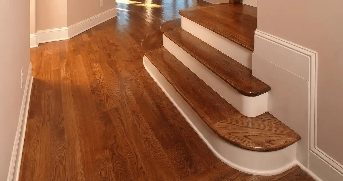 Base floor of a staircase with professionally restored wood flooring in Allentown PA