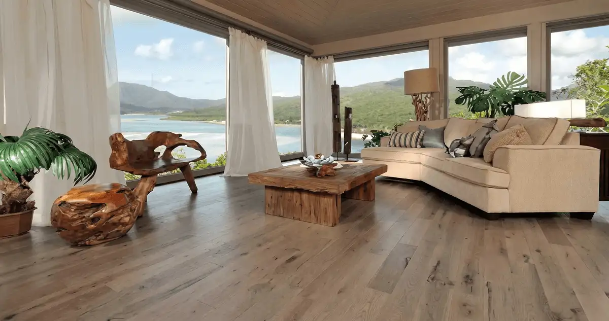 Professionally installed vinyl flooring in a modern living room with large windows in Allentown, PA