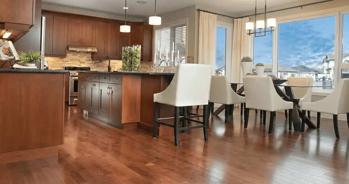 A modern kitchen with professionally installed wood flooring in Allentown, PA